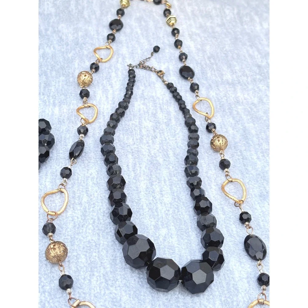Dark Academia Beaded Jewelry Black Gold Tone‎ Acrylic Metal Necklaces Faceted
